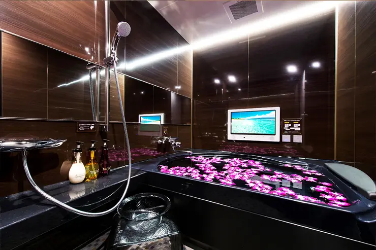 Bathroom with TV and bubble bath